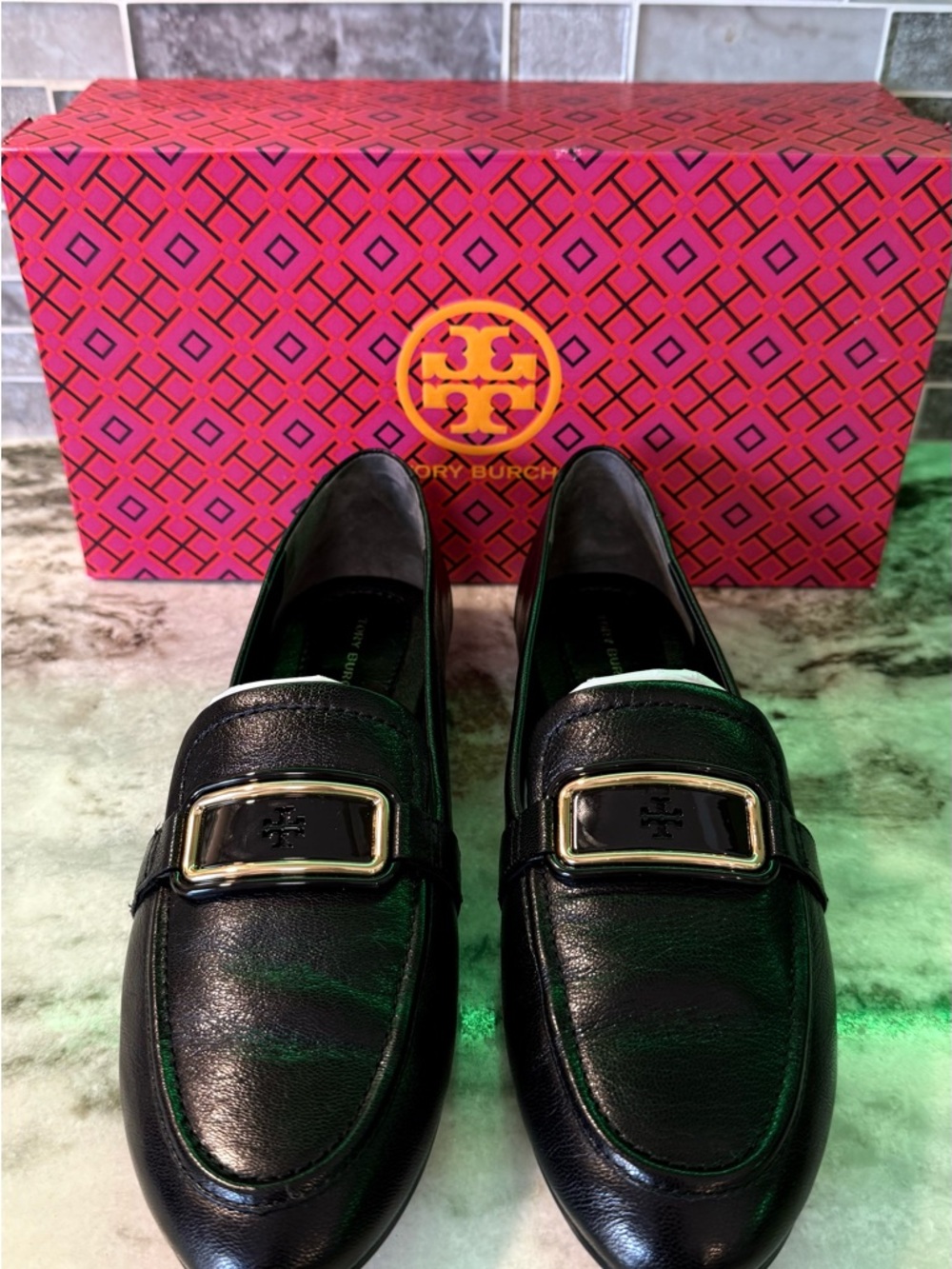 Tory Burch Black Leather Loafers with Gold Buckle Plaque - Picture 5 of 6